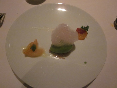 Manresa - Los Gatos, CA - Citrus Dinner - February 2011 - Yuzu Souffle Cake with Herb Sorbet, Exotic Citrus with Honey and Spice, Olive Oil and Almond Crumble