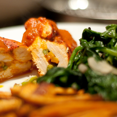 stuffed chicken, parsnip fries and spinach