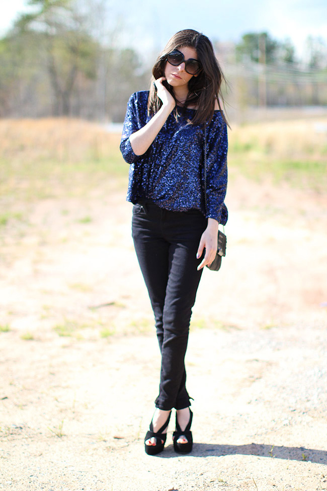 Sequins, Skinny jeans, Outfit, Fashion, Mariel Wedges Jeffrey Campbell, Coach handbag