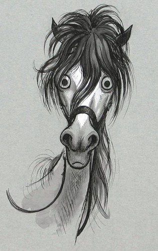 The cartoon face of a shocked horse by the illustrator Norman Thelwell