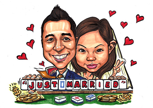 wedding couple caricatures at Mahjong table