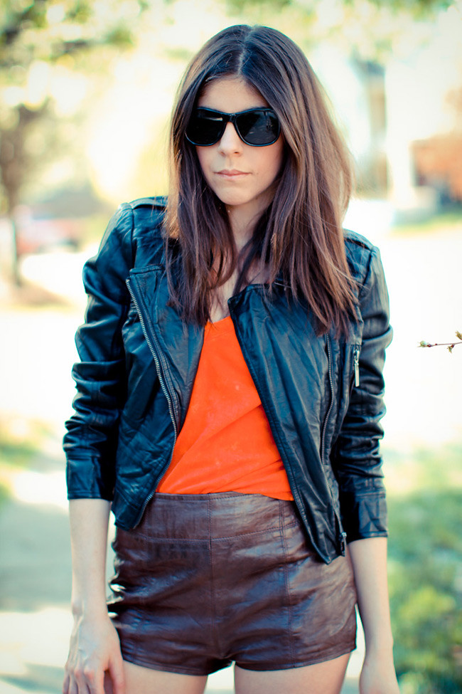 Abercrombie and Fitch Leather shorts, Bebe Leather Jacket, American Apparel Burn Out T-Shirt, Balenciaga shoes