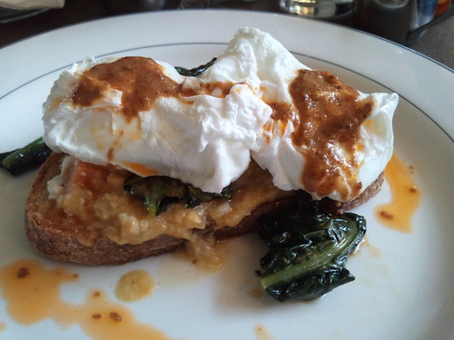 Poached Eggs with Pureed Chickpeas, Kale on Sourdough bread