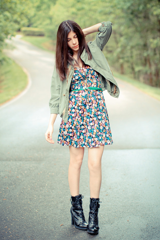 French Connection Floral Print Dress, Guess Combat boots, Marc Jacobs Gold Watch, Utility Jacket