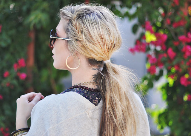 messy side fishtails  in  low ponytail