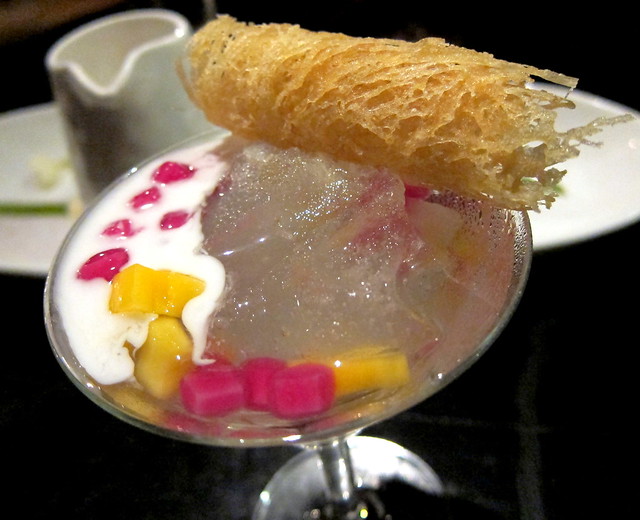 Bo.lan dessert du jour (Water Chestnut and Jackfruit in Jasmine Syrup w/Crispy Wafer)