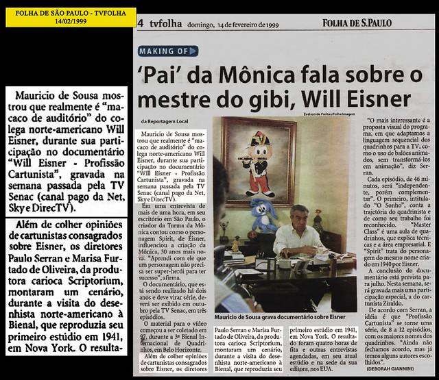 "Pai da Mônica fala sobre o mestre do gibi" - Folha de São Paulo - 14/02/1999