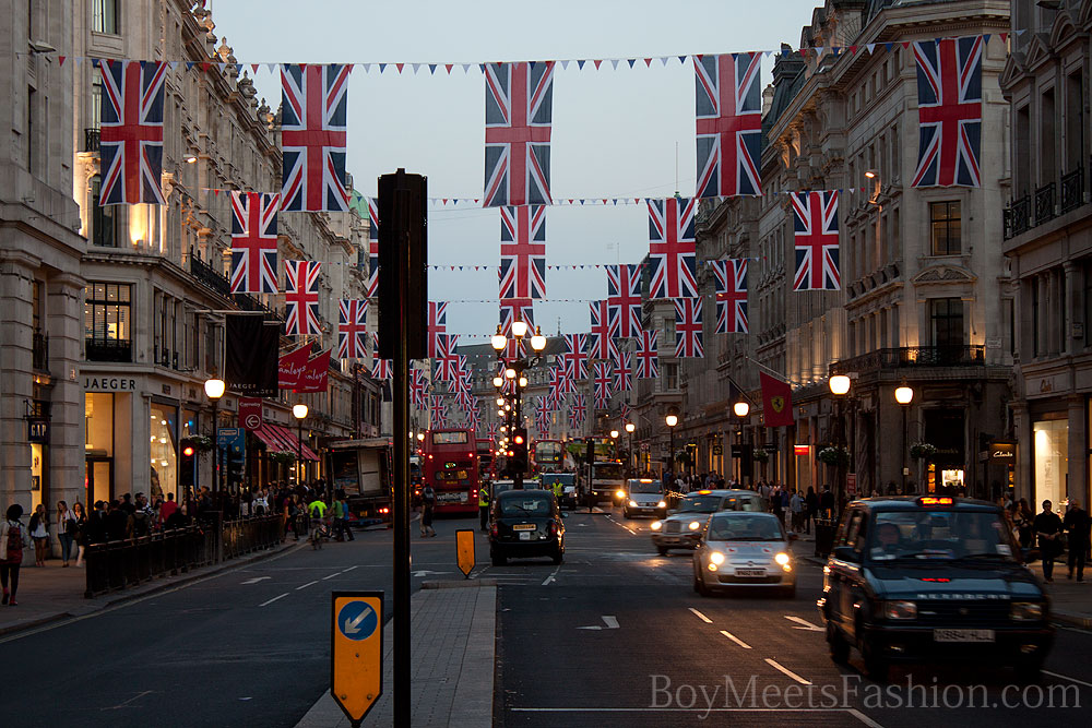 Union Jack flags flying all over Regent Street for the Royal Wedding