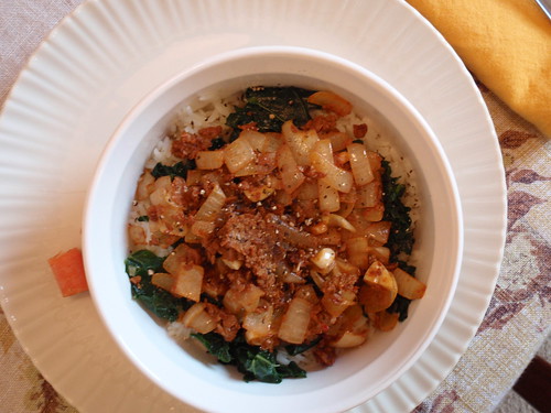 Soyrizo with Kale, Onions, and Rice