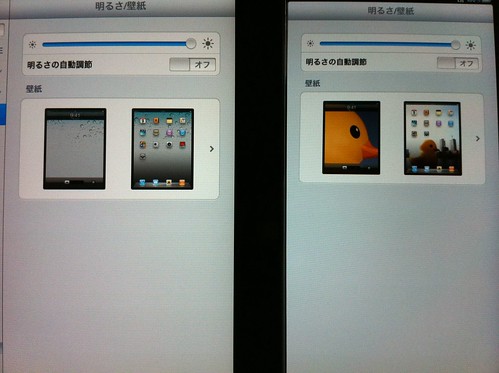 iPad2(左)とiPad(右)の液晶比較。iPadの方が青いけどちょっと暗い感じ?