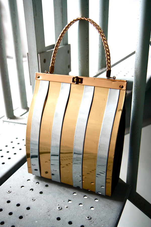 1950s metallic striped handbag with woven handle