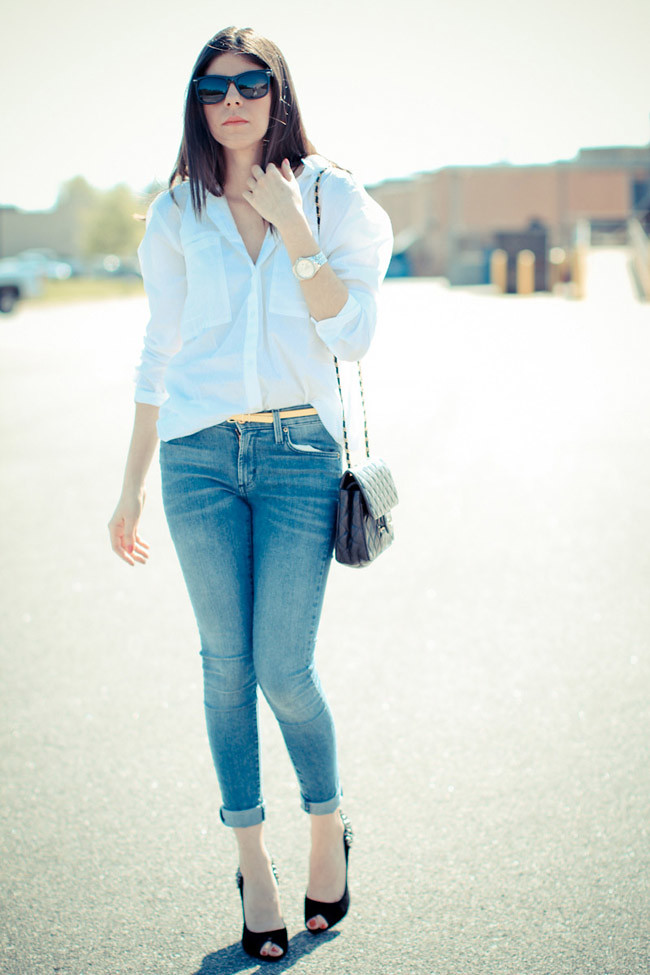 Sam Edelman Spiked Heels, Asos White Button Up, Skinny Jeans, Chanel bag