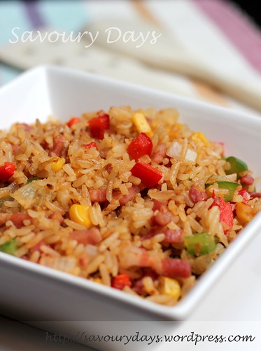 Fried rice with bacon, paprika & BBQ sauce