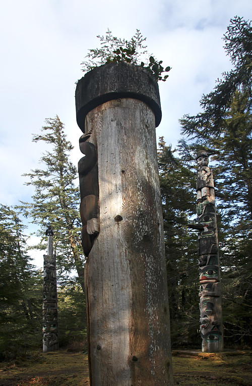 three totem poles in the Totems Historic District, Kasaan, Alaska