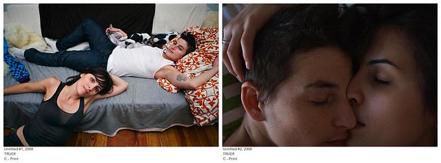 Two photographs from Sophia Wallace's series Truer. In the first, she and her partner lounge in their apartment. Sophia is wearing a black tank top and is leaning on the bed where her partner, in a white tank top and jeans, is lying. They are looking at the camera and look happy and relaxed. The second photograph is a close up of their faces, Sophia's mouth pressed up against her partners nose. You cannot tell if they are asleep or caught in a moment of deep intimacy. 