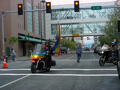 Dykes on Bikes turning off D Street onto 6th Avenue at the parade's start.