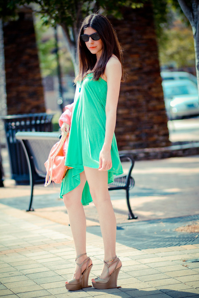 Color Blocking, Bright Green Dress, Moschino platform wedges, Balenciaga clutch, Neon Fashion
