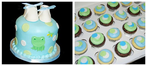 Blue and Green Baby Shower Cupcake Tower with Frog and Dragonfly