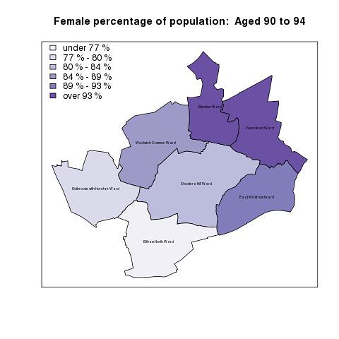 Female percentage of population:  Aged 90 to 94