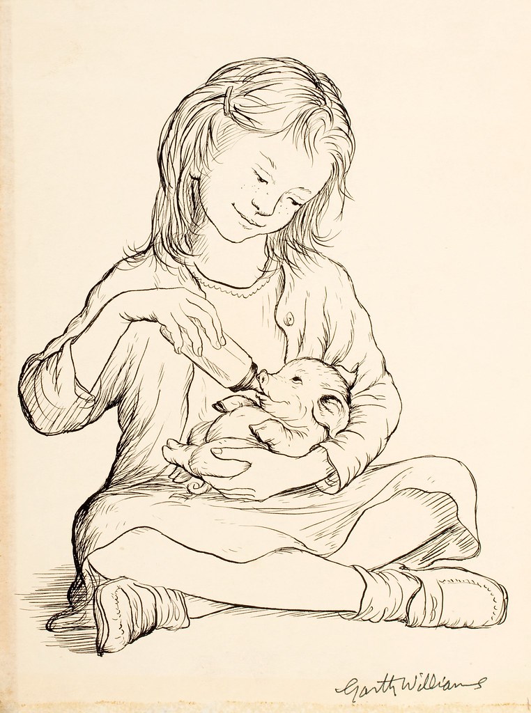 pen drawing of seated child bottle feeding baby pig