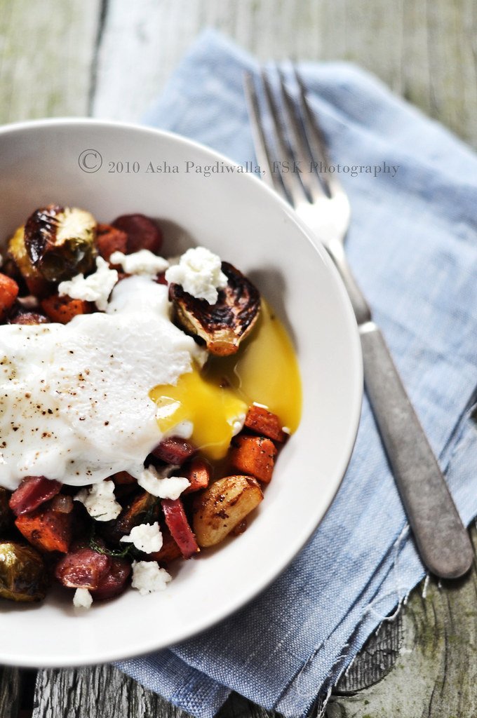 Roasted Veggies Hash with Poached Egg broken
