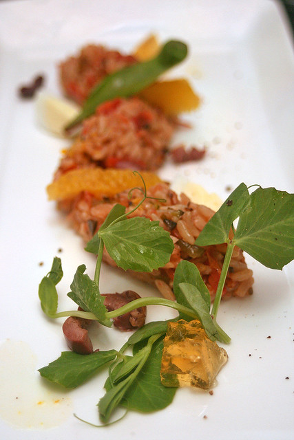 Wild brown rice salad with semi-dry tomatoes, baby quail egg, Dalmore whisky aspic and citrus orange dressing