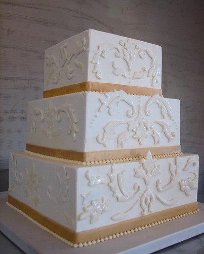 Ivory and Gold Damask Wedding Cake WCA040 wwwwhippedbakeshopcom