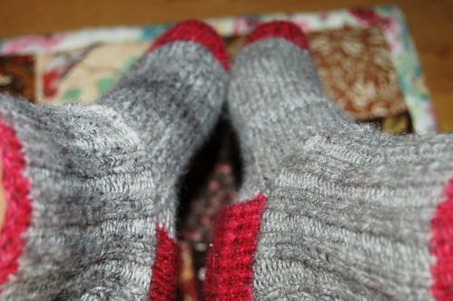 Gray socks with red heal