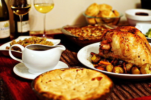 Pie, Gravy, Stuffing, Wine, Turkey, Sweet Poratoes, Biscuits, Cranberry Sauce.