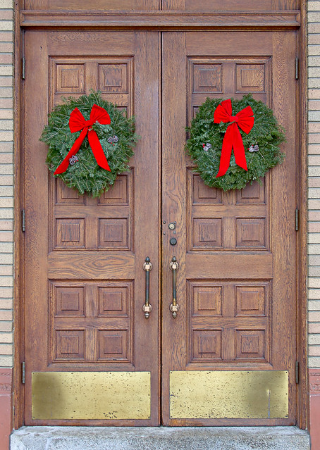 Our Lady of Sorrows Church, in Saint Louis, Missouri, USA - front door decorated for Christmas