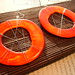 Large orange wire wrapped Capiz Shell Earrings