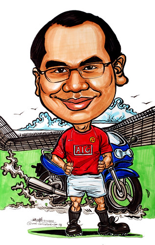 Manchester United soccer player caricature with bike at Old Trafford