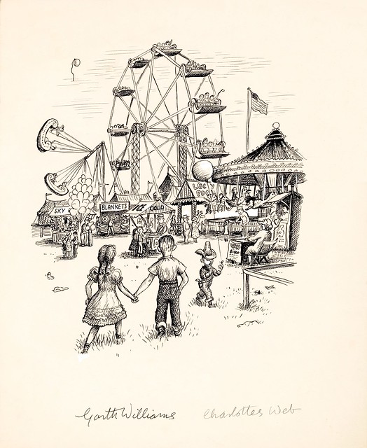 pen sketch b&w of 2 kids entering carnival fair with ferris-wheel and other rides