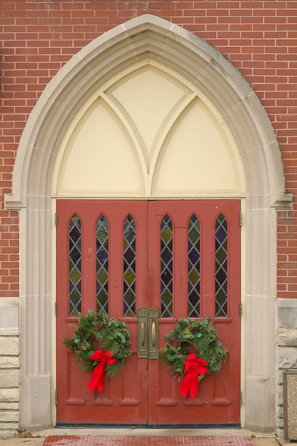 Saint Joseph Roman Catholic Church, in Clayton, Missouri, USA - door with Christmas wreathes