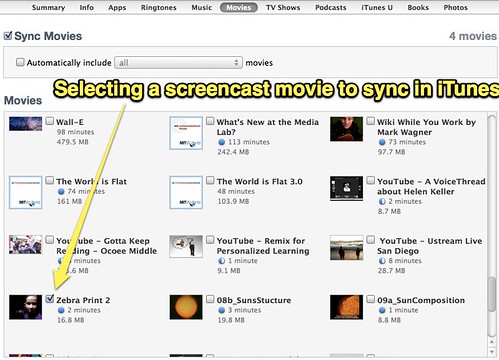Selecting a screencast movie to sync in iTunes