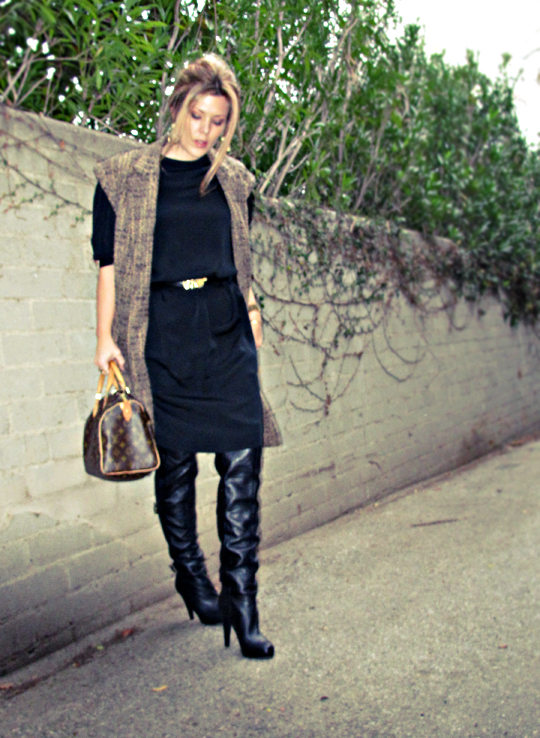 black dress black boots sleeveless coat+louis vuitton bag+black on black+vintage dress