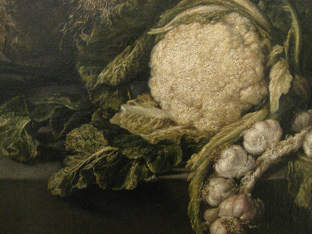 Antonio Pereda y Salgado (Portuguese, 1608-1678) Still life with vegetables and kitchen utensils (1651) Oil on canvas. Museum of Ancient Art, Lisbon. (Detail)