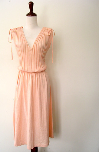 Peach Sorbet Plunging Shoulder Ties Dress, Vintage 70's 