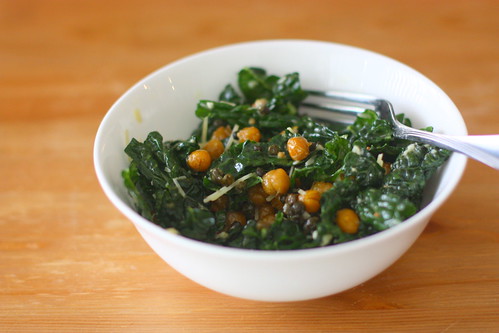 kale caesar salad with fried chickpeas