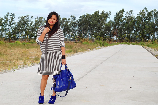 grey striped dress and blue velvet boots