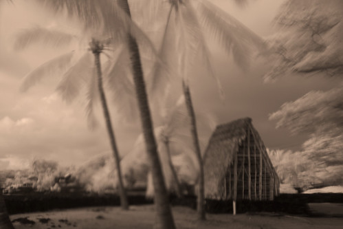 Tiki temple at the Place of Refuge, Kona, Big Island, Hawaii, sepia toned fine art portrait, dream like
