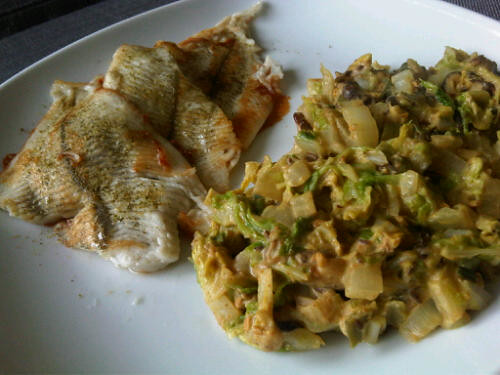 Creamy spiced cabbage with plaice
