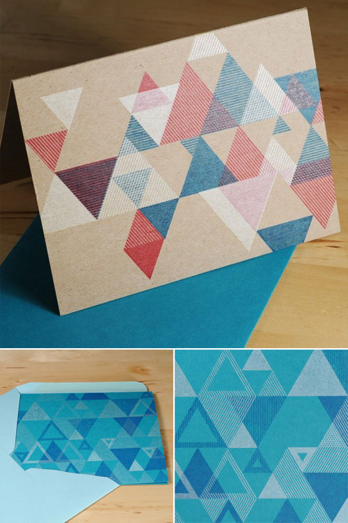 Set-of-6-Hand-printed-Triangle-Pattern-Holiday-Cards----Peacock-Blue