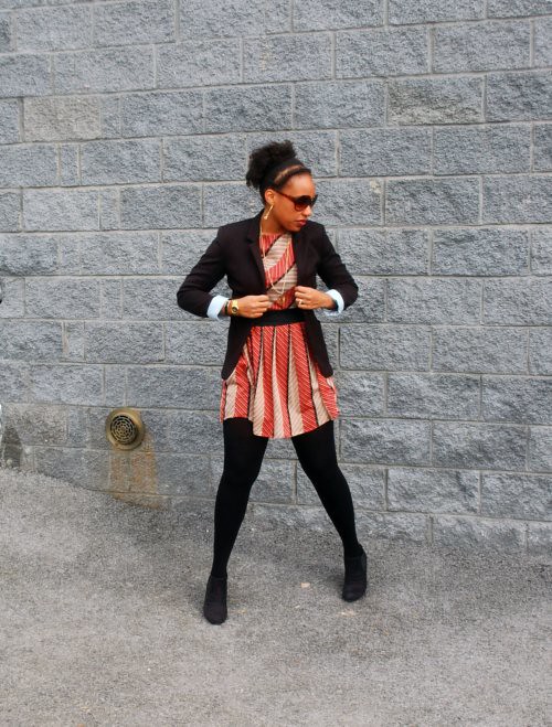 h&m blazer, vintage striped dress, black cableknit tights, black suede booties
