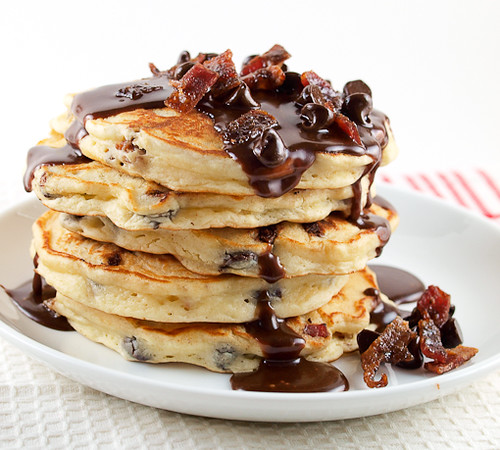 Chocolate Chip and Candied Bacon Pancakes with Nutella Maple Syrup