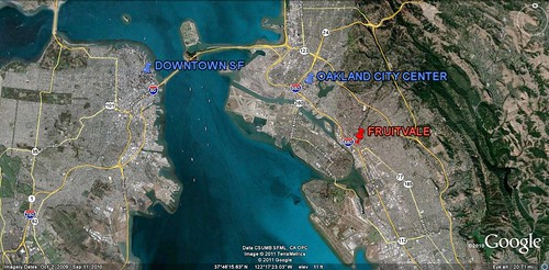 Fruitvale, downtown Oakland and San Francisco (via Google Earth)