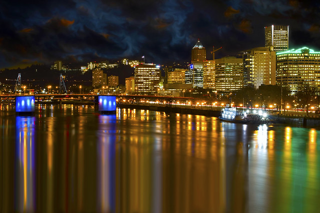 Portland Downtown City Skyline by Waterfront at Night by David Gn Photography