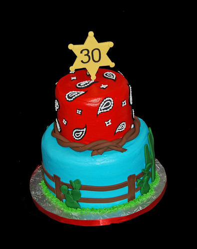 30th birthday western themed birthday cake with desert scene and bandana