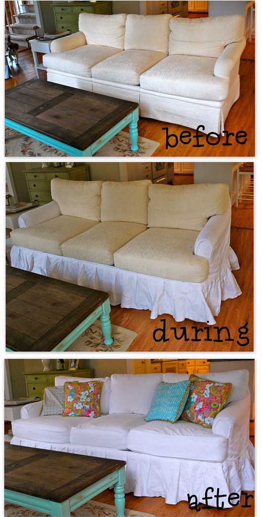white sofa slipcover before and after