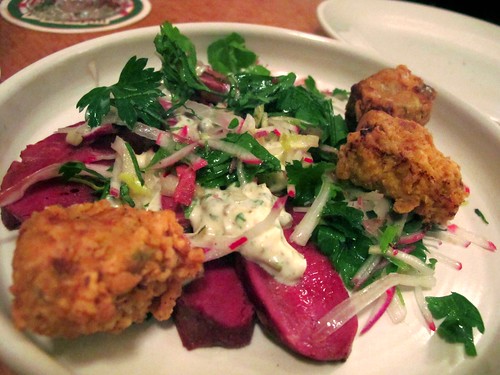 Smoked ox heart and crumbed sweetbread salad